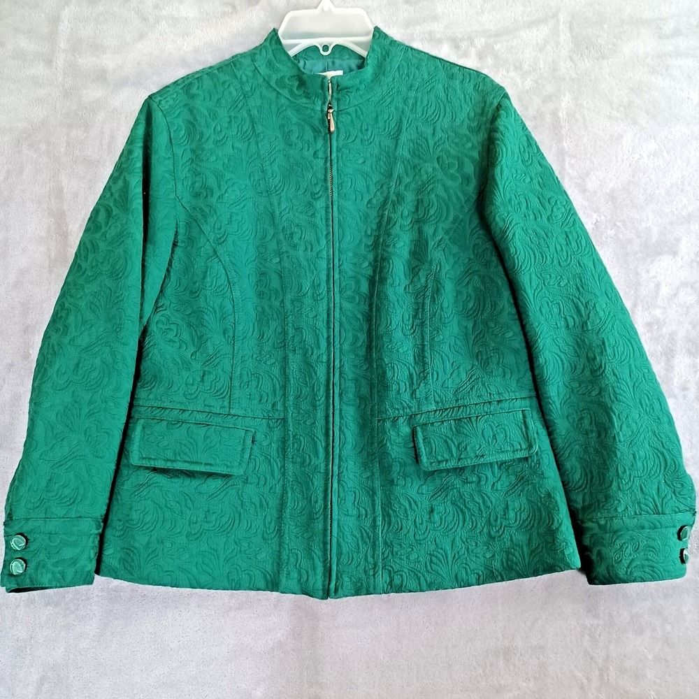 Chicos Sz 1 / 8 Jacket Blazer Brocade Emerald Green Floral Zip Office Elegant
